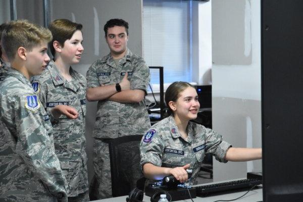 Civil Air Patrol Winchester Composite Squadron members use a flight simulator at the Shenandoah Center for Immersive Learning at Shenandoah University.